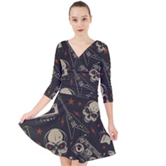 Grunge Seamless Pattern With Skulls Quarter Sleeve Front Wrap Dress by Amaryn4rt