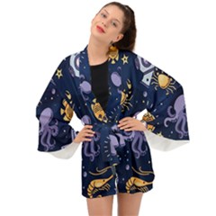 Marine-seamless-pattern-thin-line-memphis-style Long Sleeve Kimono by uniart180623