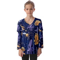 Marine-seamless-pattern-thin-line-memphis-style Kids  V Neck Casual Top by uniart180623