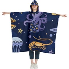 Marine-seamless-pattern-thin-line-memphis-style Women s Hooded Rain Ponchos by uniart180623