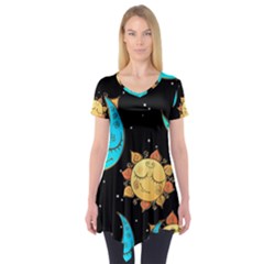 Seamless-pattern-with-sun-moon-children Short Sleeve Tunic  by uniart180623