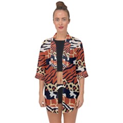 Mixed-animal-skin-print-safari-textures-mix-leopard-zebra-tiger-skins-patterns-luxury-animals-textur Open Front Chiffon Kimono by uniart180623