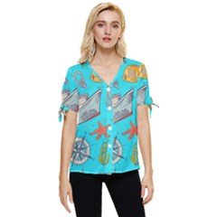 Colored-sketched-sea-elements-pattern-background-sea-life-animals-illustration Bow Sleeve Button Up Top by uniart180623