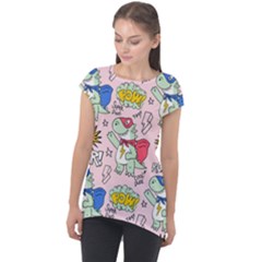 Seamless-pattern-with-many-funny-cute-superhero-dinosaurs-t-rex-mask-cloak-with-comics-style-inscrip Cap Sleeve High Low Top by uniart180623