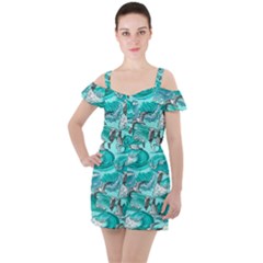 Sea-waves-seamless-pattern Ruffle Cut Out Chiffon Playsuit by uniart180623