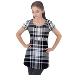 Pixel-background-design-modern-seamless-pattern-plaid-square-texture-fabric-tartan-scottish-textile- Puff Sleeve Tunic Top by uniart180623