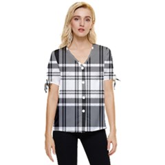 Pixel-background-design-modern-seamless-pattern-plaid-square-texture-fabric-tartan-scottish-textile- Bow Sleeve Button Up Top by uniart180623