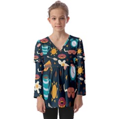 Seamless-pattern-with-breakfast-symbols-morning-coffee Kids  V Neck Casual Top by uniart180623