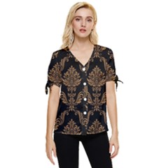 Vintage-pattern Bow Sleeve Button Up Top by uniart180623