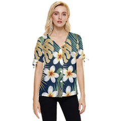 Seamless-pattern-with-tropical-strelitzia-flowers-leaves-exotic-background Bow Sleeve Button Up Top by uniart180623