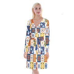Mexican-talavera-pattern-ceramic-tiles-with-flower-leaves-bird-ornaments-traditional-majolica-style- Long Sleeve Velvet Front Wrap Dress by uniart180623