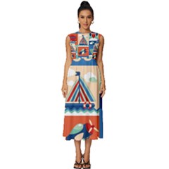 Toy-transport-cartoon-seamless-pattern-with-airplane-aerostat-sail-yacht-vector-illustration Sleeveless Round Neck Midi Dress by uniart180623