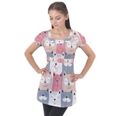 Cute Seamless Pattern With Cats Puff Sleeve Tunic Top by uniart180623
