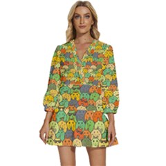 Seamless Pattern With Doodle Bunny V-neck Placket Mini Dress by uniart180623
