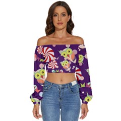 Owl-pattern-background Long Sleeve Crinkled Weave Crop Top by uniart180623