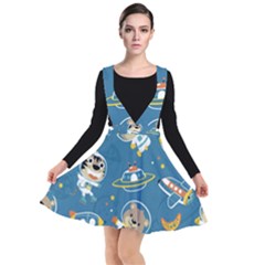 Seamless-pattern-funny-astronaut-outer-space-transportation Plunge Pinafore Dress by uniart180623