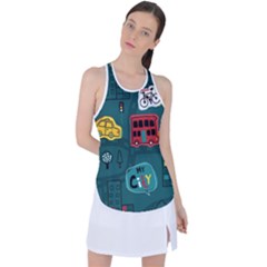 Seamless-pattern-hand-drawn-with-vehicles-buildings-road Racer Back Mesh Tank Top by uniart180623