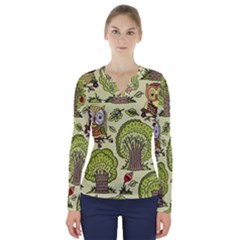 Seamless-pattern-with-trees-owls V-neck Long Sleeve Top by uniart180623