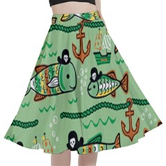 Seamless-pattern-fishes-pirates-cartoon A-line Full Circle Midi Skirt With Pocket by uniart180623