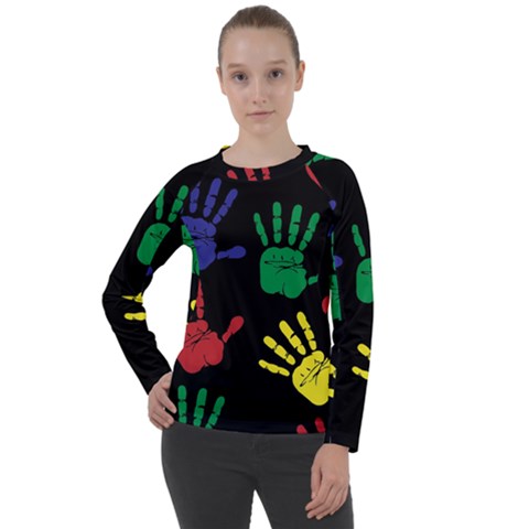 Handprints-hand-print-colourful Women s Long Sleeve Raglan Tee by uniart180623