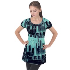 Buildings City Urban Destruction Background Puff Sleeve Tunic Top by uniart180623