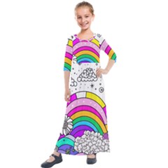 Rainbow Fun Cute Minimal Doodle Drawing Art Kids  Quarter Sleeve Maxi Dress by uniart180623