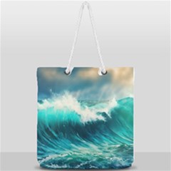 Waves Ocean Sea Tsunami Nautical Painting Full Print Rope Handle Tote (large) by uniart180623
