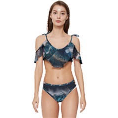 Tsunami Waves Ocean Sea Water Rough Seas Ruffle Edge Tie Up Bikini Set	 by uniart180623