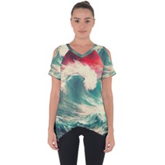 Storm Tsunami Waves Ocean Sea Nautical Nature Painting Cut Out Side Drop Tee by uniart180623