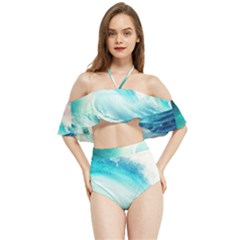 Tsunami Waves Ocean Sea Nautical Nature Water Nature Halter Flowy Bikini Set  by uniart180623