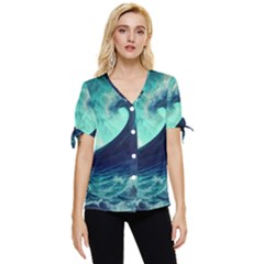 Ai Generated Waves Ocean Sea Tsunami Nautical Fantasy Bow Sleeve Button Up Top by uniart180623