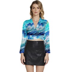 Tsunami Waves Ocean Sea Nautical Nature Water Painting Long Sleeve Tie Back Satin Wrap Top by uniart180623