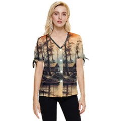 Fantasy Landscape Foggy Mysterious Bow Sleeve Button Up Top by Ravend