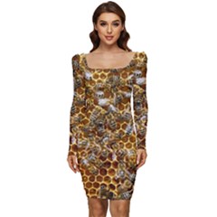 Honey Bee Bees Insect Women Long Sleeve Ruched Stretch Jersey Dress by Ravend