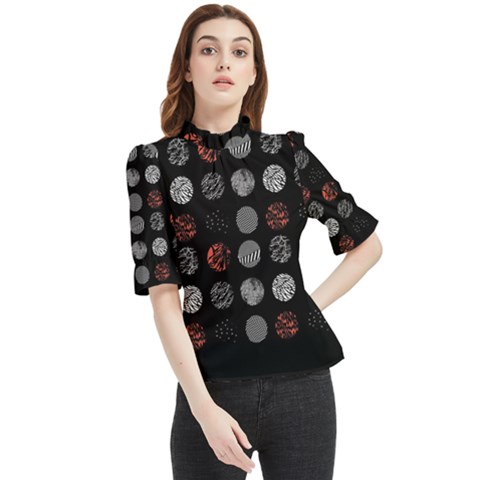 Black And Multicolored Polka Dot Artwork Digital Art Frill Neck Blouse by uniart180623