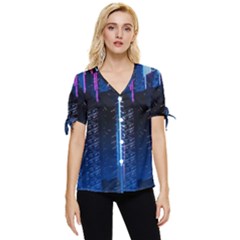 Night Music The City Neon Background Synth Retrowave Bow Sleeve Button Up Top by uniart180623