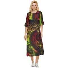 Green And Red Lights Wallpaper Fractal Digital Art Artwork Double Cuff Midi Dress by uniart180623