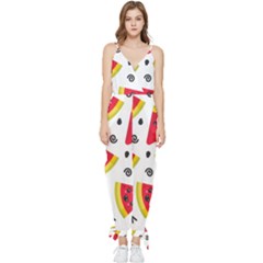 Cute Smiling Watermelon Seamless Pattern White Background Sleeveless Tie Ankle Chiffon Jumpsuit by Simbadda