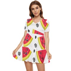 Cute Smiling Watermelon Seamless Pattern White Background Tiered Short Sleeve Babydoll Dress by Simbadda