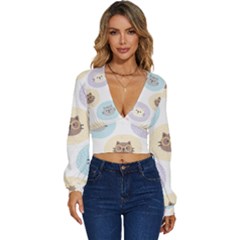 Cute Cat Seamless Pattern Background Long Sleeve Deep-v Velour Top by Simbadda