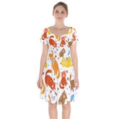 Seamless Pattern With Kittens White Background Short Sleeve Bardot Dress by Simbadda