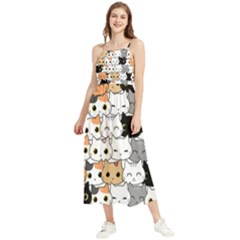 Cute Cat Kitten Cartoon Doodle Seamless Pattern Boho Sleeveless Summer Dress by Simbadda