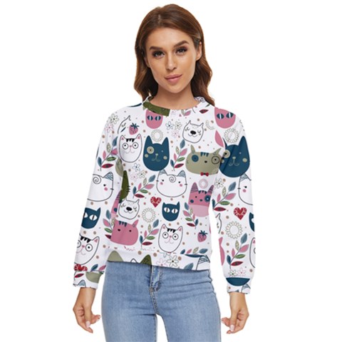 Pattern With Cute Cat Heads Women s Long Sleeve Raglan Tee by Simbadda
