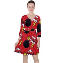 Pop Art Comic Pattern Bomb Boom Explosion Background Quarter Sleeve Ruffle Waist Dress by Simbadda