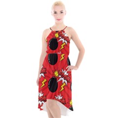 Pop Art Comic Pattern Bomb Boom Explosion Background High-low Halter Chiffon Dress  by Simbadda