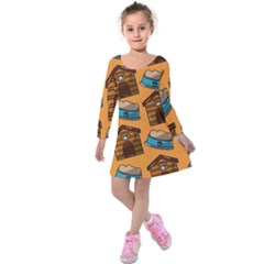 Pet House Bowl Food Seamless Pattern Kids  Long Sleeve Velvet Dress by Simbadda