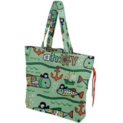 Seamless Pattern Fishes Pirates Cartoon Drawstring Tote Bag by Simbadda