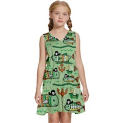 Seamless Pattern Fishes Pirates Cartoon Kids  Sleeveless Tiered Mini Dress by Simbadda