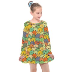 Seamless Pattern With Doodle Bunny Kids  Long Sleeve Dress by Simbadda