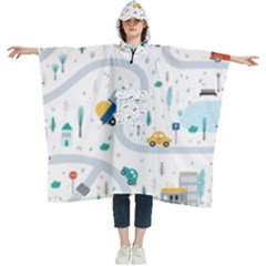 Cute Children Seamless Pattern With Cars Road Park Houses White Background Illustration Town Cartooo Women s Hooded Rain Ponchos by Simbadda